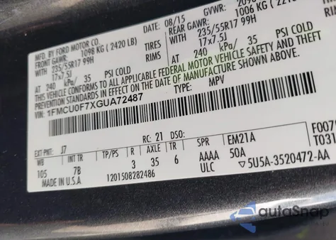 2016 Ford Escape S из США, поврежденный, VIN 1FMCU0F7XGUA72487